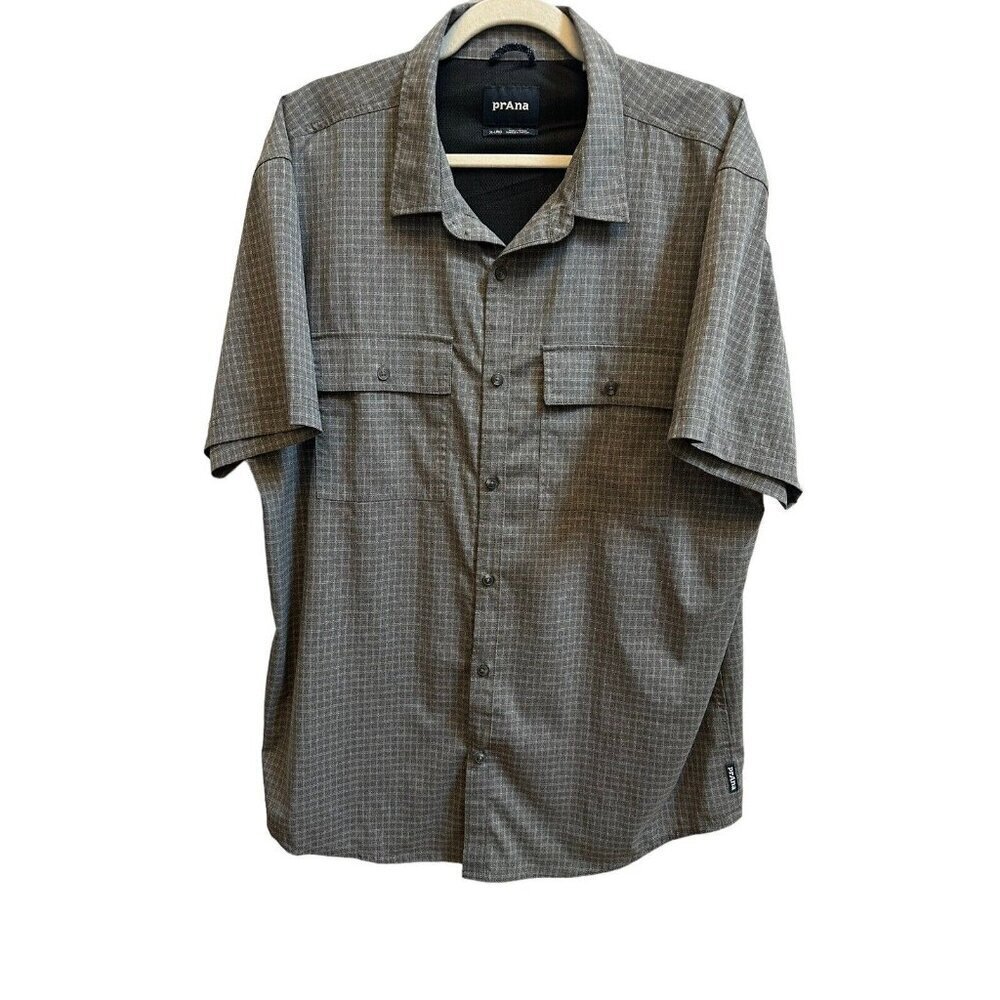 Prana Mens Garvan Shirt Short Sleeve Performance Shirt Charcoal Gray Plaid Sz XL